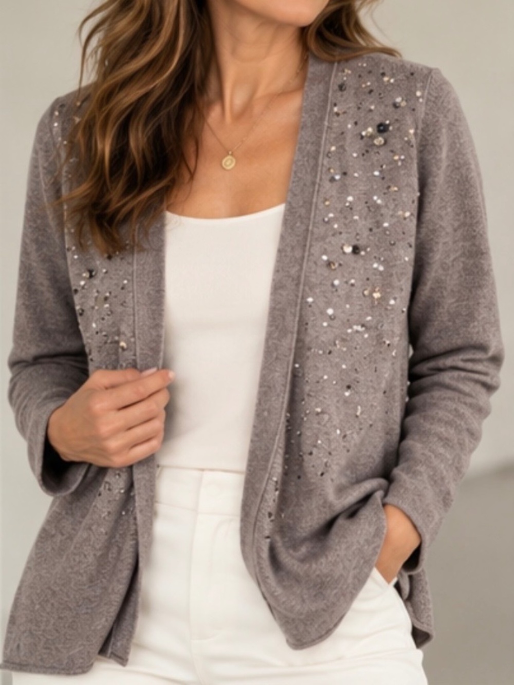 Luisa Cerano Wool Silk Cashmere Cardigan Crystal Embellished Gray Size US 4